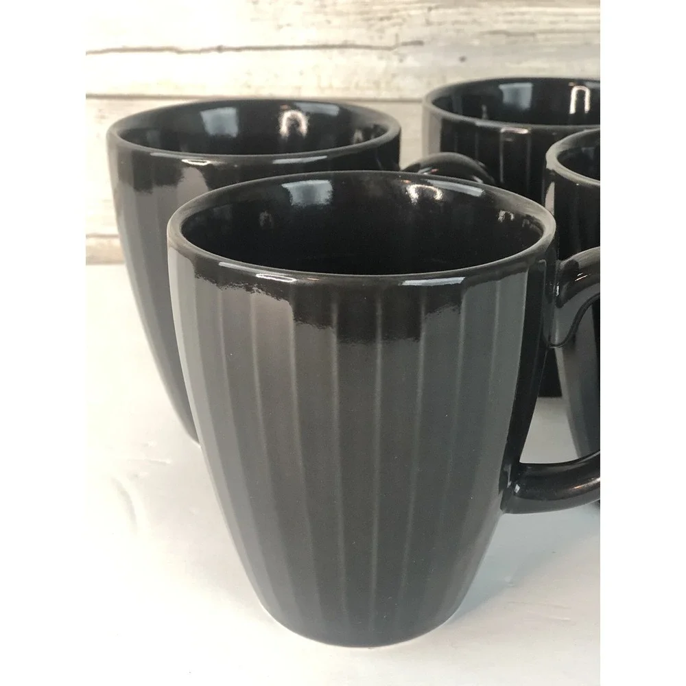 West Elm Ribbed Gray  Black Coffee or Tea Mugs Set of 4